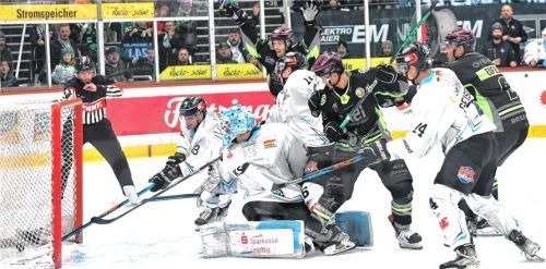 Rosenheim jubelt, Leipzig greift vergeblich hinterher und die Tor-Entscheidung des Schiedsrichters steht – eine Szene aus dem ersten Vergleich.Foto Hans-Jürgen Ziegler