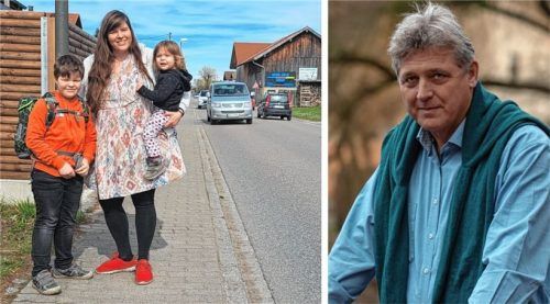 Veronika Wimmer mit ihrem Sohn Ludwig und Tochter Antonia in der Kolbermoorer Straße in Großkarolinenfeld. Die Mutter sieht den Schulweg als zu gefährlich an. Der Großkarolinenfelder Bürgermeister Bernd Fessler sieht das anders. Foto Hadersbeck/re
