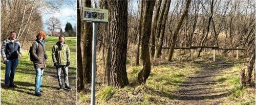 Vom Bienenlehrstand aus führt ein Weg zum Weiher. Dominik Schlosser und Maria Rabenauer vom Landratsamt sowie Jürgen Halder vom Kolbermoorer Bauamt begrüßen die Barrieren, die den Trampelpfad quer durchs Biotop jetzt sperren.