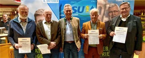 Eine Auszeichnung überreichte Vorsitzender Alois Holzmaier (Mitte) an die Geehrten (von links) Josef Astl für 45 Jahre, Hans Steinmüller für 40 Jahre, Wolfgang Dr. Graf von Keyserlingk und Joachim Schwope, beide für 45 Jahre. Foto re