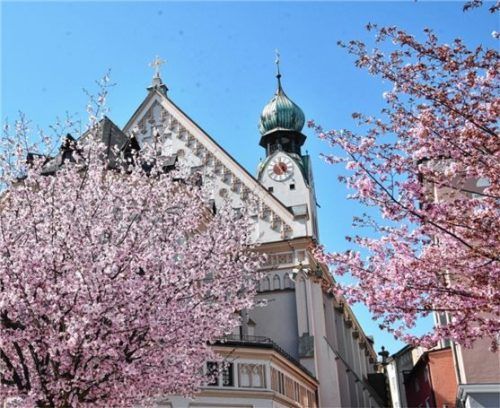 Frühlingserwachen in Rosenheim mit Blick auf die Stadtpfarrkirche St. Nikolaus.Foto Schlecker