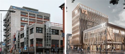 Für das Volksbank-Gebäude in Rosenheim gibt es große Pläne. Links der aktuelle Zustand, rechts eine Visualisierung der Planung. Foto  Schlecker/Brückner Architekten