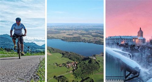 Matthias Dangl (links) radelt gerne an den heimischen Seen, wie dem Simssee (Mitte), entlang. Aber auch die Strecke Riedering - Erl - Aschau (rechts) - Riedering gehört zu seinen bevorzugten Runden Foto re/ Schlecker/ Reiter