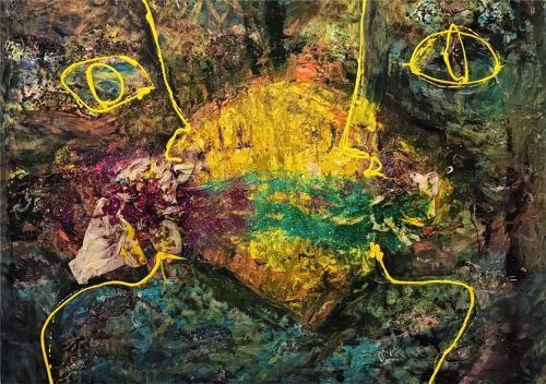 Aleksandra Klintina: „Kiss“, Öl, Acryl und Collage, 2021. Foto Bößwetter