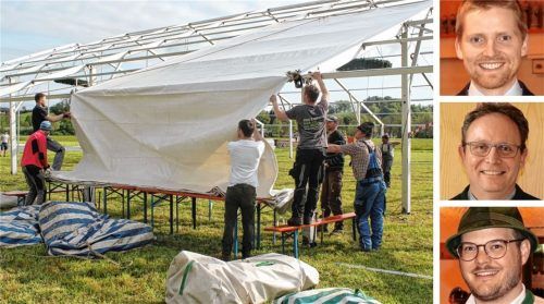 Freuen sich auf das Frasdorfer Festzelt: (von oben) Benno Voggenauer, Vorsitzender der Freiwilligen Feuerwehr Frasdorf, Bürgermeister und Schirmherr Daniel Mair sowie Sebastian Graf, Vorsitzender des Gebirgstrachtenerhaltungsvereins „Lamstoana Frasdorf“. Foto Widholzer/Rehberg