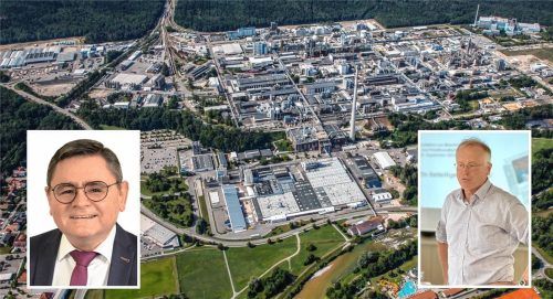 Eine Stiftung nach dem Vorbild der RAG soll die PFAS-Produktion und damit bis zu 1000 Arbeitsplätze im Chemiepark Gendorf retten. Altöttings Landrat Erwin Schneider (links) und Dr. Bernhard Langhammer, Sprecher von ChemDelta Bavaria, stellten den Rettungsplan jetzt öffentlich vor. Foto Heiner Heine, Jörg Eschenfelder, re