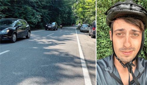 Kein Radweg entlang der Kreisstraße RO10 im Bereich des Langbürgner Sees, obwohl auf der Strecke viel los ist und sie sehr kurvenreich verläuft. OVB-Redakteur Manuel Hinmüller (rechts) hat die Strecke getestet. Foto Collage Hinmüller