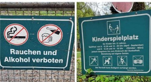 Missachtung der Verbotsschilder: Obwohl auf dem Spielplatz in Haidholzen nicht geraucht werden darf, liegen überall Zigarettenstummel. Und Kinder spielen Fußball, obwohl das nicht erlaubt ist.