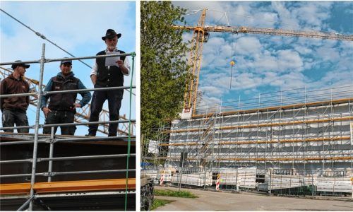 Zimmerermeister Franz Eder (rechts) sprach den Richtspruch für das neue Bauwerk von der Sporthalle herab. Foto Rehberg