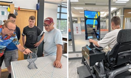 Anschauungsunterricht am vor Ort produzierten 3D-Modell und Praxis im Baumaschinen-Simulator. Foto Berufsschule