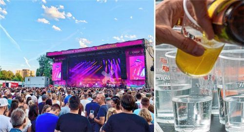 Bei der Getränkeausgabe auf dem Rosenheimer Sommerfestival kam es an den ersten beiden Konzerttagen zu längeren Wartezeiten. Foto Montage: re