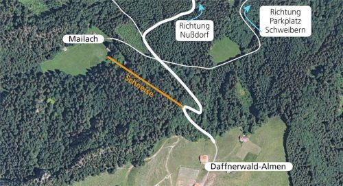 Berggänger am Heuberg waren am Wochenende entsetzt über eine Schneise knapp unterhalb der Daffnerwald-Almen. Foto Grafik: Klinger/OVB