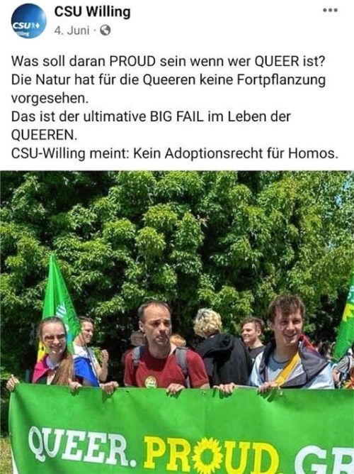 Diesen Post hatte Markus Stigloher, Vorsitzender der CSU Willing und Dritter Bürgermeister der Stadt Bad Aibling, am 4. Juni bei Facebook veröffentlicht. Vor wenigen Tagen hatte er den Post dann wieder gelöscht. Foto re