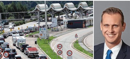 Mit der Mautbox von Julian Schmelzers Firma „maut1“ sollen lange Schlangen an den Mautstellen im Süden von Europa der Vergangenheit angehören. Foto Montage: picture alliance/dpa/Daniel Raunig/Maut1