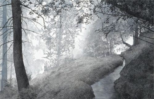 Thomas Dillmann: „Waalweg, Nebel“, Acryl auf Nessel, 130 x 200cm.Hesse
