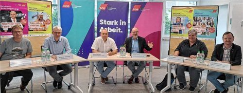 Auf dem Sommer-Mediengespräch sprachen: (von links) Michael Kafka, Alexander Kirnberger, Robert Metzger, Günter Zellner, Heike Stoffels und Dr. Stefan Plenk.Foto DGB