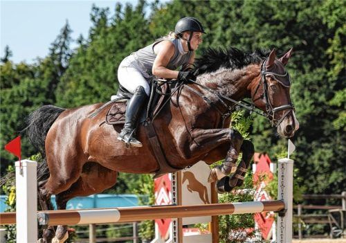 Christina Hartmann vom PSC Ising siegte im M*-Springen auf Icegirl de Muze.Foto Hans Weitz