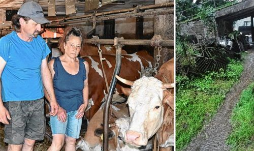 Der Stall von Landwirt Philipp Wimmer und seiner Lebensgefährtin Carmen Spohn läuft immer wieder mit Wasser voll. Was aussieht wie ein Weg, ist ein kleiner Bach, der sich gebildet hat. Foto Schlecker/Spohn