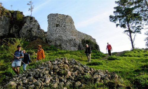 Erzweg-Wanderer auf der Ruine Lichtenegg, einer kulturhistorisch äußerst interessanten Stätte, die ein atemberaubendes Panorama bietet. Foto Landkreis Amberg-Sulzbach/Schettler