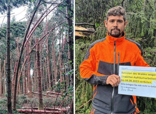 Geknickte, angeschlagene Bäume prägen derzeit das Bild rund um Eggstätt. Hans Plank, der Zweite und derzeit amtierende Bürgermeister, hat schon die Sperrung etlicher Waldstücke veranlasst. Fotos re