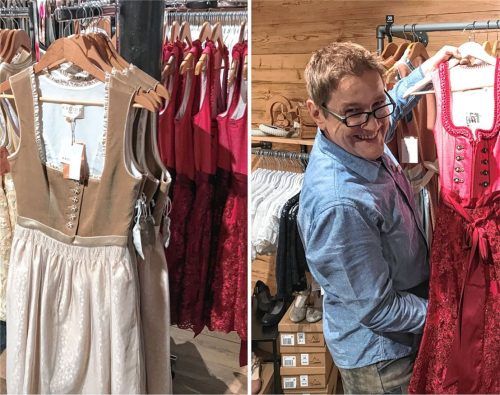 Links die Erdtöne, rechts die Blumen – Thomas Brunnhuber, der Inhaber von „Dirndl und Stenz“, zeigt, was gerade auf dem Rosenheimer Herbstfest angesagt ist. Foto  Wildauer