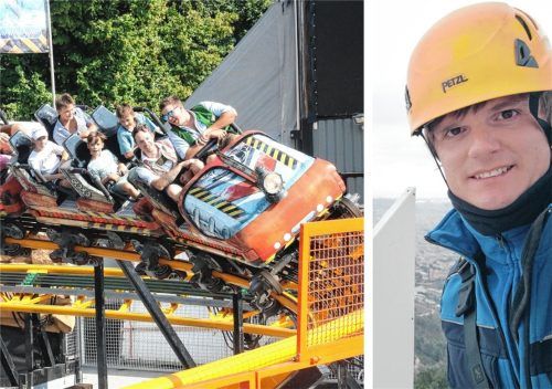 Marcel Winterberg arbeitet beim TÜV Süd und prüft seit fünfeinhalb Jahren Fahrgeschäfte. Auf dem Foto befindet er sich gerade im Freizeitpark „Tibidabo“ in Barcelona. Foto Ludwig Stuffer/Privat/Collage: Anna Heise
