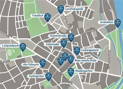 Wasser an fast jeder Ecke: Die Karte zeigt die Lage der zentralen Trinkwasserbrunnen in Rosenheim. Klinger