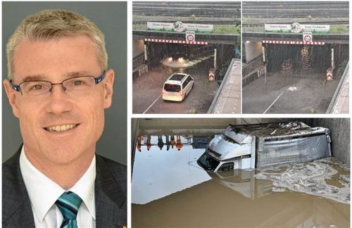 Wie schnell die Lage eskalieren kann, wenn man mit einem im Hochwasser einer Absenkung festgesteckten Auto ist, habe ein tragischer Vorfall im vergangenen Jahr im Kreis Garmisch-Partenkirchen gezeigt (rechts unten) mahnt Alexander Kreipl, Verkehrs- und umweltpolitischer Sprecher beim ADAC Südbayern. Am Dienstagabend waren zahlreiche Autofahrer durch die überschwemmte Unterführung der Kufsteiner Straße/B15 gefahren.