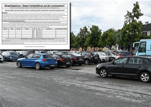 Zwei Bürgerbegehren sollen nun offiziell die eingeführten Parkgebühren auf der Loretowiese in Rosenheim doch verhindern. Foto Montage: Schlecker/Jankowski