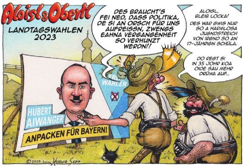 Anstatt eines schriftlichen Leserbriefs hat uns Josef Hölzl aus Bad Endorf den Cartoon mit dem Namen „Aloisl & Obertl – Landtagswahlen 2023“ geschickt. Die Karikatur zeigt seine Sicht auf den Wirbel um Hubert Aiwanger. Josef Hölzl