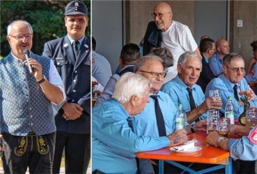 Bürgermeister Peter Kloo (links) würdigte den ehrenamtlichen Einsatz der Feuerwehr. Die Stadt hat etwa 85000 Euro in den neuen Mannschaftstransportwagen Pullach 14/1 investiert. Die feierliche Fahrzeugweihe am Samstag war für die Pullacher Wehr und ihre Gäste ein Grund zum Feiern. Foto Tschiche