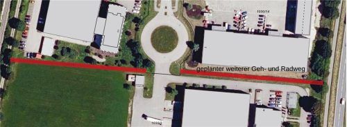 Das Luftbild des Gewerbegebietes zeigt den geplanten Geh- und Radweg (rot markiert).Karl-Heinz Salzborn