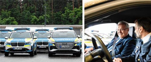 Einer der ersten E-Einsatzwagen kommt nach Brannenburg. Der bayerische Innenminister, Joachim Herrmann (CSU), im Wagen links, präsentierte das neue Pilotprojekt. Foto Niklas