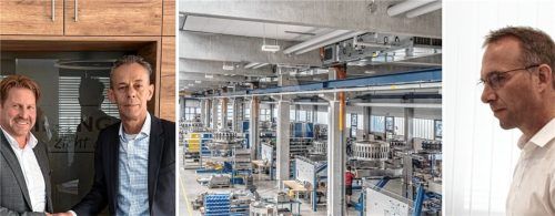 Freude bei Ampfings Bürgermeister Josef Grundner (linkes Bild, links): Wilhelm Ludwig Krämer (linkes Bild, rechts) verlegt den Firmensitz von Atoma-Multipond samt Produktion sowie Forschung und Entwicklung nach Ampfing. Waldkraiburgs Bürgermeister Robert Pötzsch hatten einfach nicht mehr genügend Flächen. Foto Gemeinde Ampfing, Atoma, re