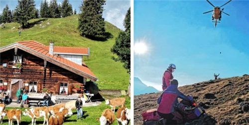 Unfälle auf der Farrenpoint wie im März 2021 (rechts) sind laut der Wirtin der Huberalm vollkommen unnötig. Denn das Starten von diesem Gipfel ist verboten. Foto Re