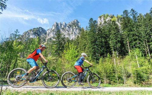 Während der Drei-Almen-Runde ergeben sich immer wieder tolle Blicke auf die zum Greifen nahen Felswände der Gederer Wand. Fotos EMTB-Führer