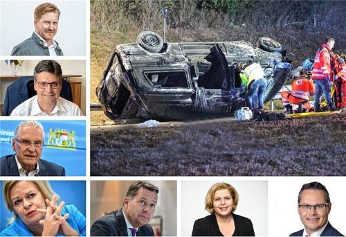 Der verheerende Unfall auf der A94 am gestrigen Freitag ruft die Politik auf den Plan: in der Region, in München und in Berlin: (Von oben links nach unten rechts): Josef Grundner, Bürgermeister von Ampfing (CSU); Maximilian Heimerl, Landrat des Landkreises Mühldorf (CSU); Bayerns Innenminister Joachim Herrmann (CSU); BundesinnenministerinNancy Faeser (SPD); Stephan Mayer, MdB (CSU); Sandra Bubendorfer-Licht (FDP), Markus Saller, MdL (FW) Foto fib/Eß