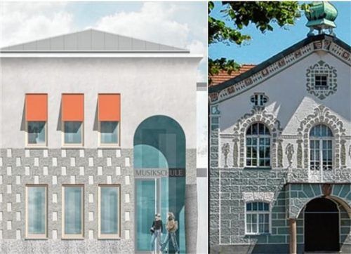 Die Fassadengestaltung des denkmalgeschützten Gebäudes (rechts) wird in modernen Formen für den Neubau aufgegriffen. Foto abp Architekten / Archiv