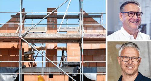 Die stark zurückgegangenen Bauanträge treffen die Branche hart. Rosenheims Obermeister der Bauinnung Robert Daxeder (oben, rechts) und Traunsteins stellvertretender Obermeister Hans Kaindl (unten) sprechen über die Lage der heimischen Baubranche.Foto dpa/Julian Stratenschulte/Bauinnung Rosenheim/ Hans Kaindl GmbH