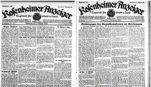 Die Titelblätter des „Rosenheimer Anzeigers“ rund um Allerheiligen 1923: Die Ausgaben vom 31. Oktober und 2. November jenes Jahres. Foto OVB