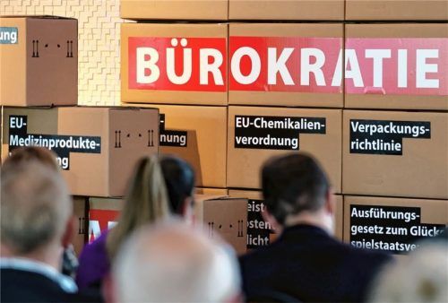 Eine symbolische Mauer der Bürokratie hatte die IHK Neubrandenburg für eine Veranstaltung errichtet. Foto dpa