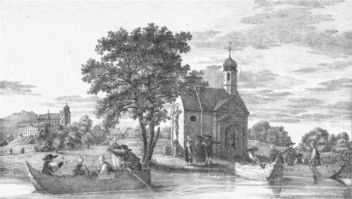 Friedrich Wilhelm Doppelmayr: „Ansicht eines Landungsplatzes bey der Kreutz Kapelle auf der Herren Kloster Insel“, Lithografie um 1815. re