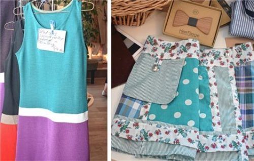 Links maßgeschneiderte Kleider aus Schurwoll-Jersey, rechts ein Wickelrock aus Baumwollstoff für Mädchen.