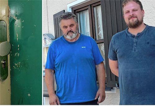 Schreck in der Nacht für (links) den überfallenen und bedrohten Mieter und (rechts) Pächter und Koch Roman Perez Tamayo. Vor drei Wochen wurde der Kirchenwirt in Rechtmehring überfallen. An der Wohnungstüre sind deutliche Einbruchsspuren zu erkennen. Foto Manzinger