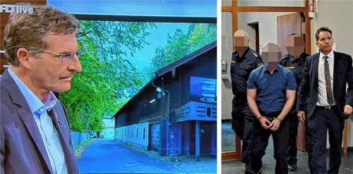 Sogar bei „Aktenzeichen XY“ bat Soko-Leiter Hans-Peter Butz (links) um Hinweise im Fall Hanna. Am Ende hat sich Sebastian T. (rechts in Gewahrsam von Justizbeamten, mit seinem Anwalt Harald Baumgärtl) möglicherweise selbst verraten. Foto Screenshot Ziegler/Michael Weiser