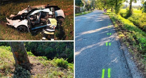„Wir konnten die ganze Nacht nicht mehr schlafen“, ringt eine Anwohnerin mit den Worten. Das E-Fahrzeug prallte mit voller Wucht an einen Baum (kleines Bild links unten). Die grüne Markierung auf der Straße (rechts) zeigt den Weg, den der BMW genommen hat. Foto Montage Reisner/Zwigl