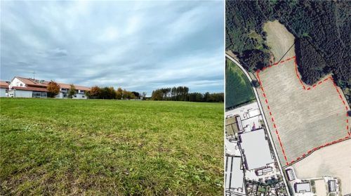Auf diesem Feld an der Ortsdurchfahrtsstraße von Mailling (St2089) soll ein Solarpark entstehen, der jährlich 7,5 Megawatt Sonnenergie erzeugen und die benachbarte Frischpack GmbH (links im Bildhintergrund) mit Strom versorgen soll. Auf dem rechten Bild ist die geplante Fläche aus der Vogelperspektive zu sehen. Foto Gerlach/Gemeinde Tuntenhausen