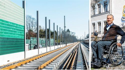 Der Kiefersfeldener Bürgermeister Hajo Gruber freut sich, dass die Schutzwände und Schienendämpfer entlang der Bahnstrecke fertig gebaut sind. Foto dpa (Scholz)/Ammelburger