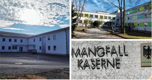 Die ehemalige Romed-Klinik (oben rechts) in Wasserburg und die Mangfall-Kaserne in Bad Aibling werden immer wieder als Alternativstandorte für die in einer Rotter Gewerbehalle (links) geplante große Aufnahmeeinrichtung für Flüchtlinge genannt. Fotos Weinfurtner/Duczek/DPA