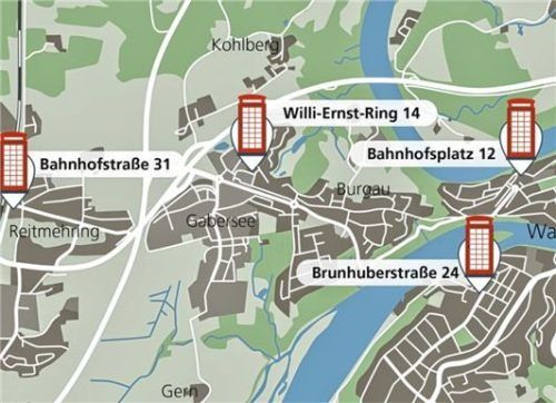 Die Grafik zeigt die Bücherzellen in der Wasserburger Altstadt, im Burgerfeld, der Burgau und in Reitmehring. Die offenen Bücherregale sind rund um die Uhr zugänglich. Foto Grafik Klinger